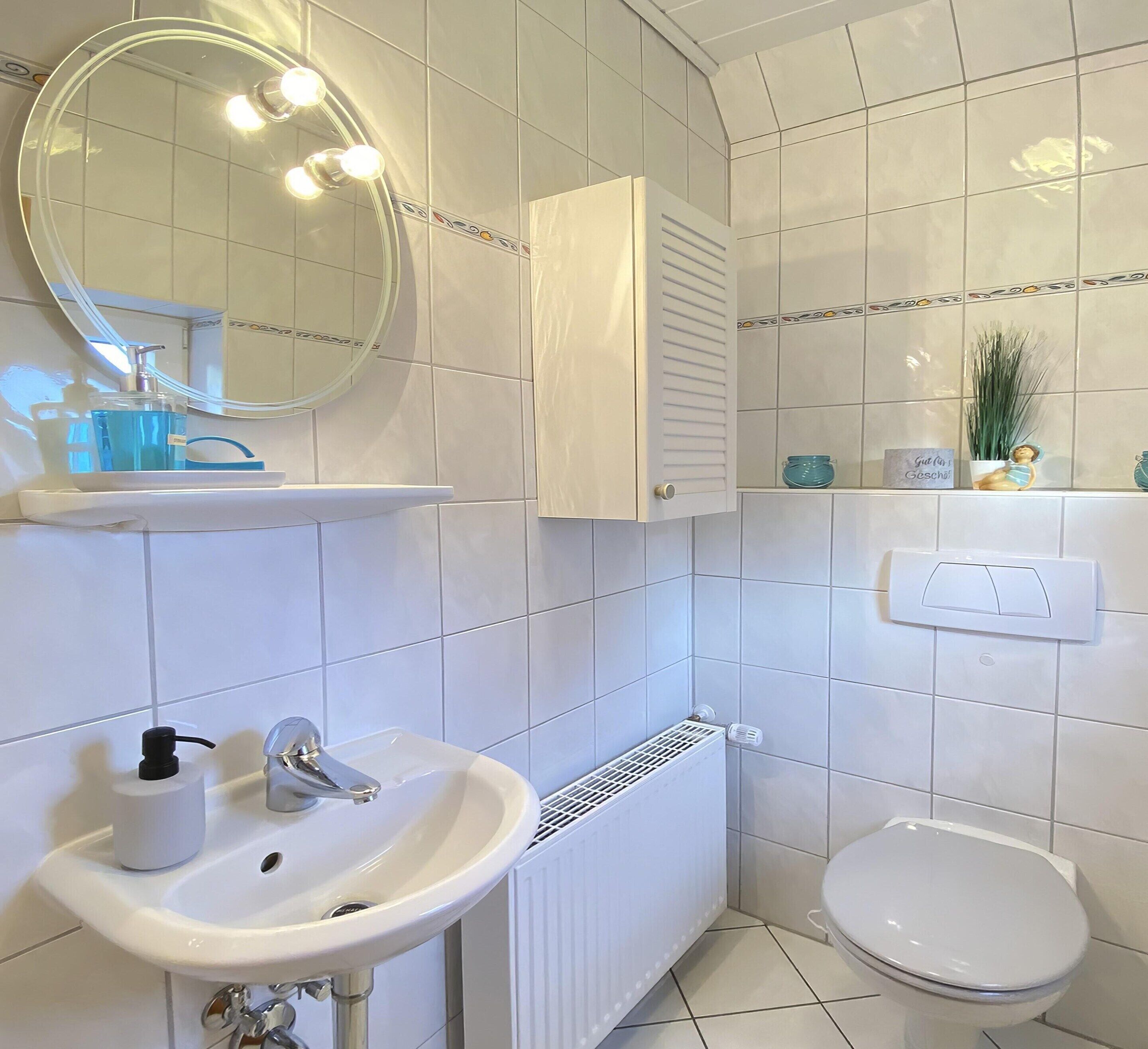 A bathroom with a white sink, mirror, and toilet, a radiator, and a shelf with toiletries.