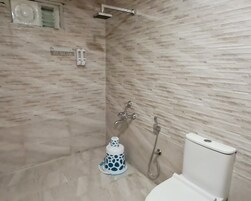 Chuveiro, toalhas de banho, shampoo