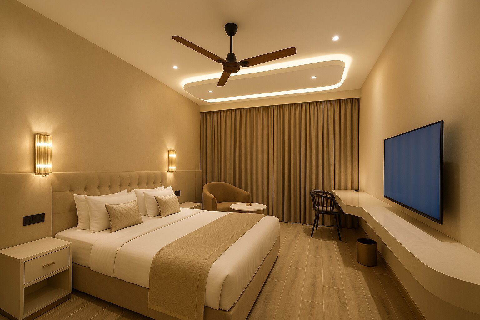 Une chambre d’hôtel moderne équipée d’un grand lit, d’un bureau, d’une chaise, d’un ventilateur de plafond et d’un téléviseur à écran plat.