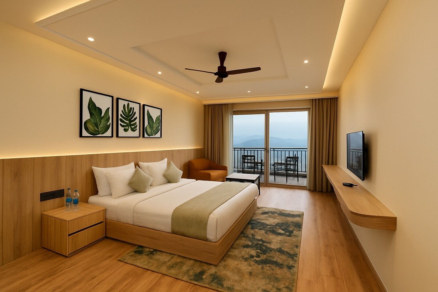 A modern hotel room with a large bed, a ceiling fan, a TV, a balcony with a view, and a wooden nightstand with water bottles.