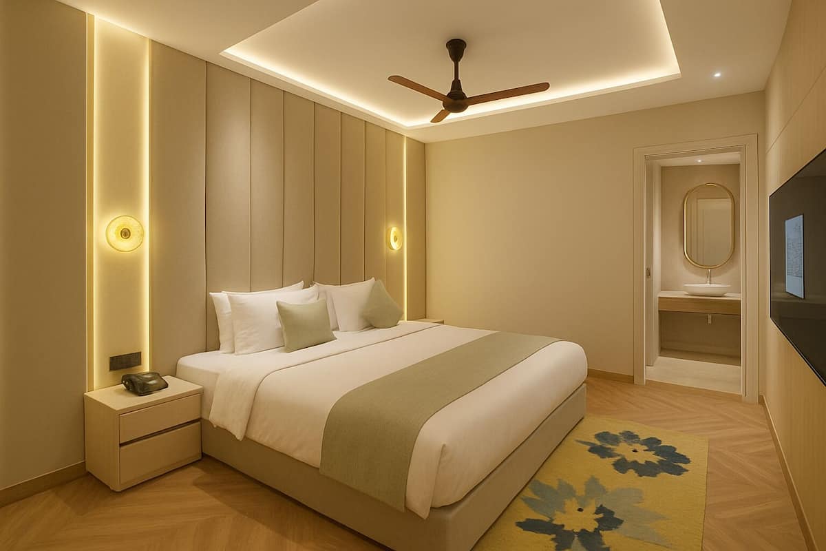 A modern bedroom with a bed, bedside tables, a ceiling fan, and a bathroom with a sink and mirror.