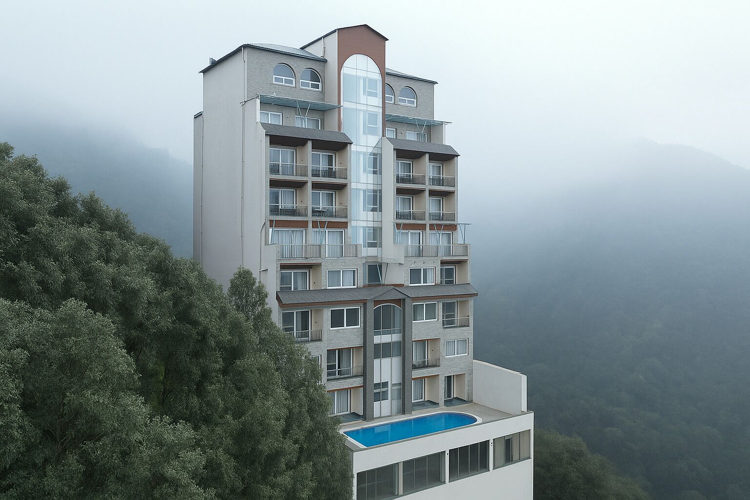 A multi-story building with balconies, a swimming pool on the ground floor, and a mountainous backdrop.