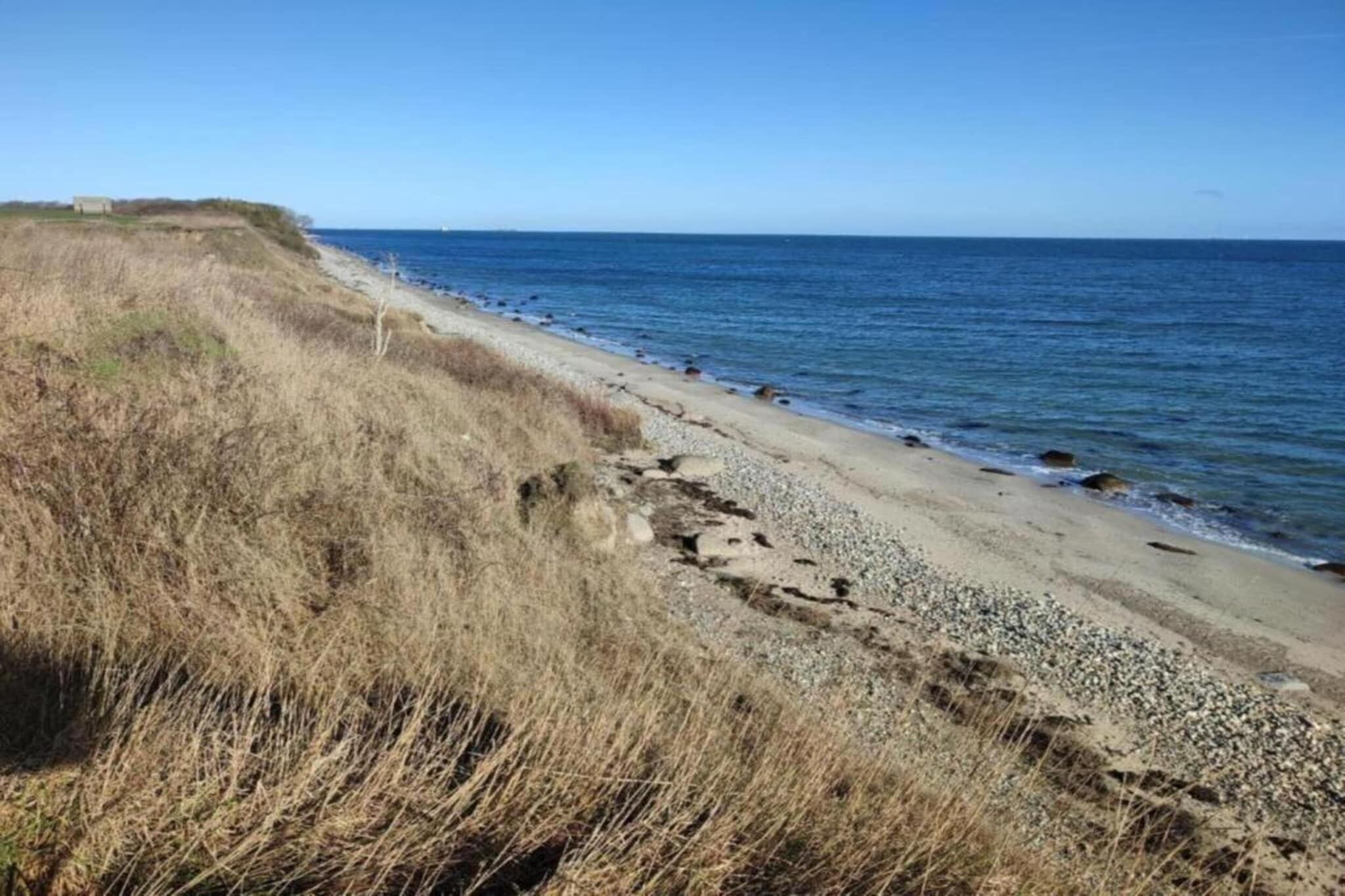 A beach with a pebbly shore and dry grass on the left.