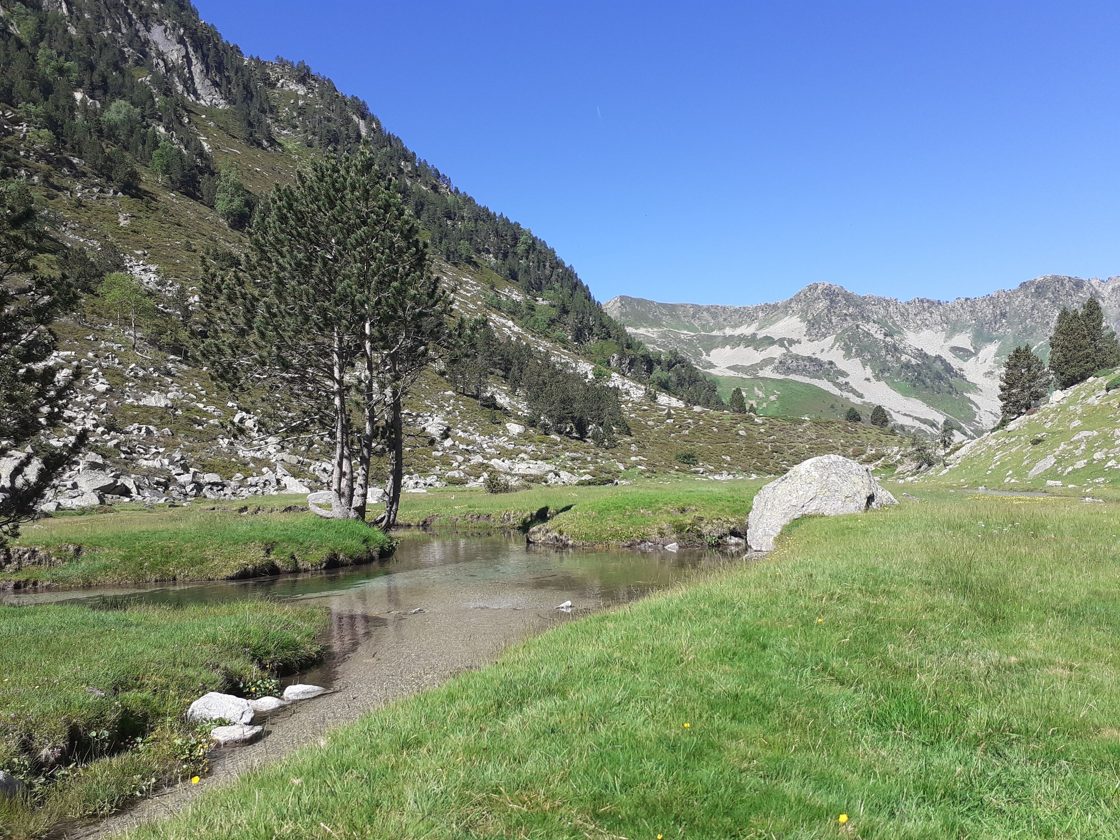 A mountainous landscape with a clear stream, grassy areas, and rocky terrain.