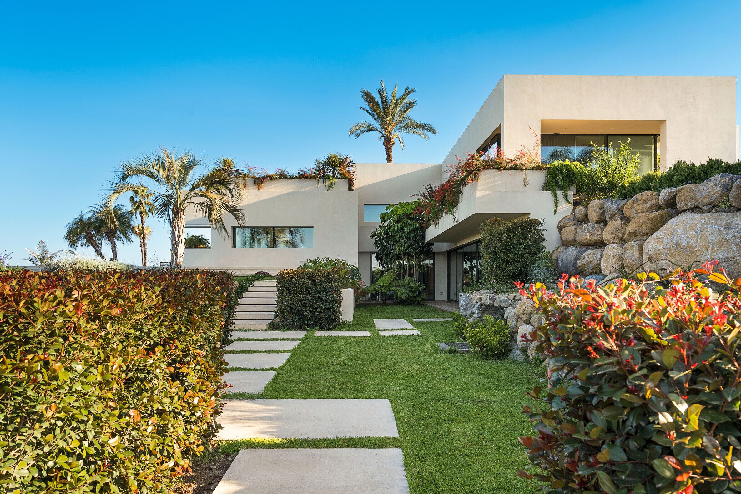Una casa moderna con un jardín cuidado, un camino de piedra y una palmera.