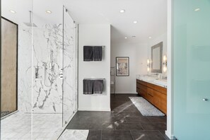 Shower, hair dryer, towels
