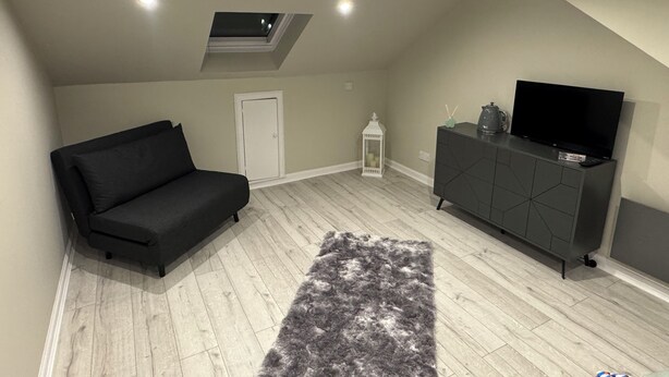 A modern loft-style room with a black sofa, a grey cabinet with a flat-screen TV, a white door, and a skylight.