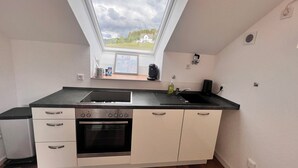 A compact kitchen with a built-in oven, a sink, and a window above the counter. - Tannenherz vacation apartment with balcony and mountain view (Winterberg)