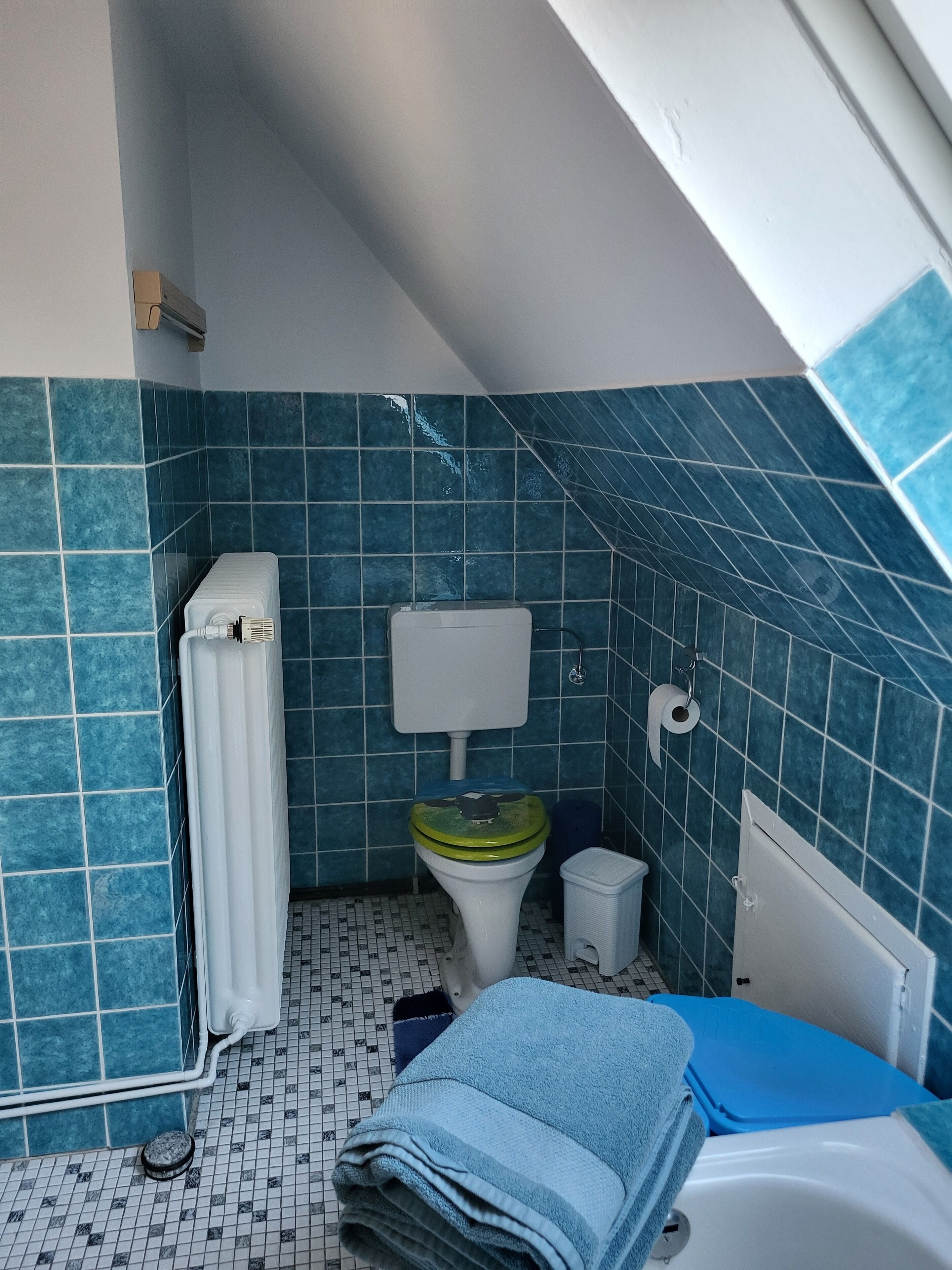 Un baño peque ño y estrecho con azulejos azules, un inodoro, un radiador y una bañera.