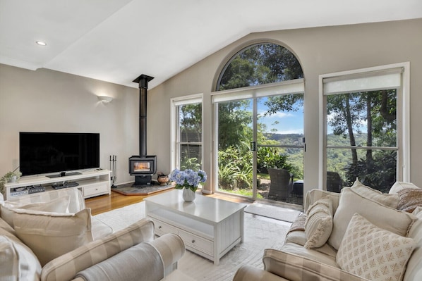 Smart TV, fireplace, DVD player, books
