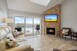 Smart TV, fireplace, books