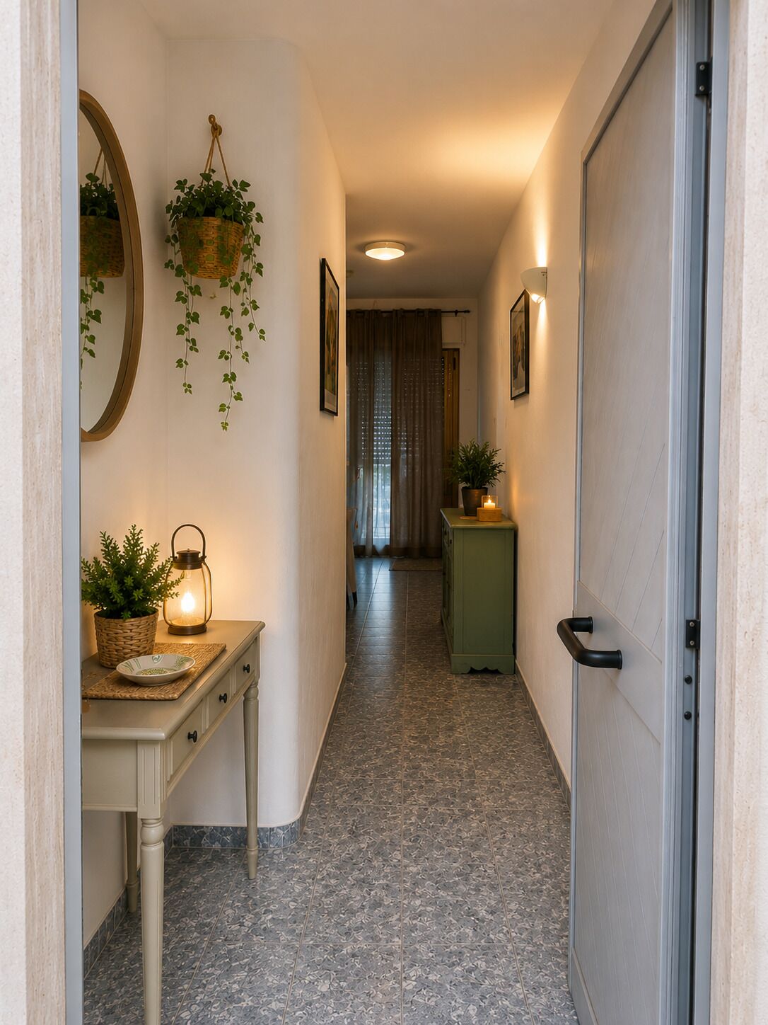 A hallway with a tiled floor, a table with a potted plant and a lantern, a hanging basket with greenery, and a door on the right.