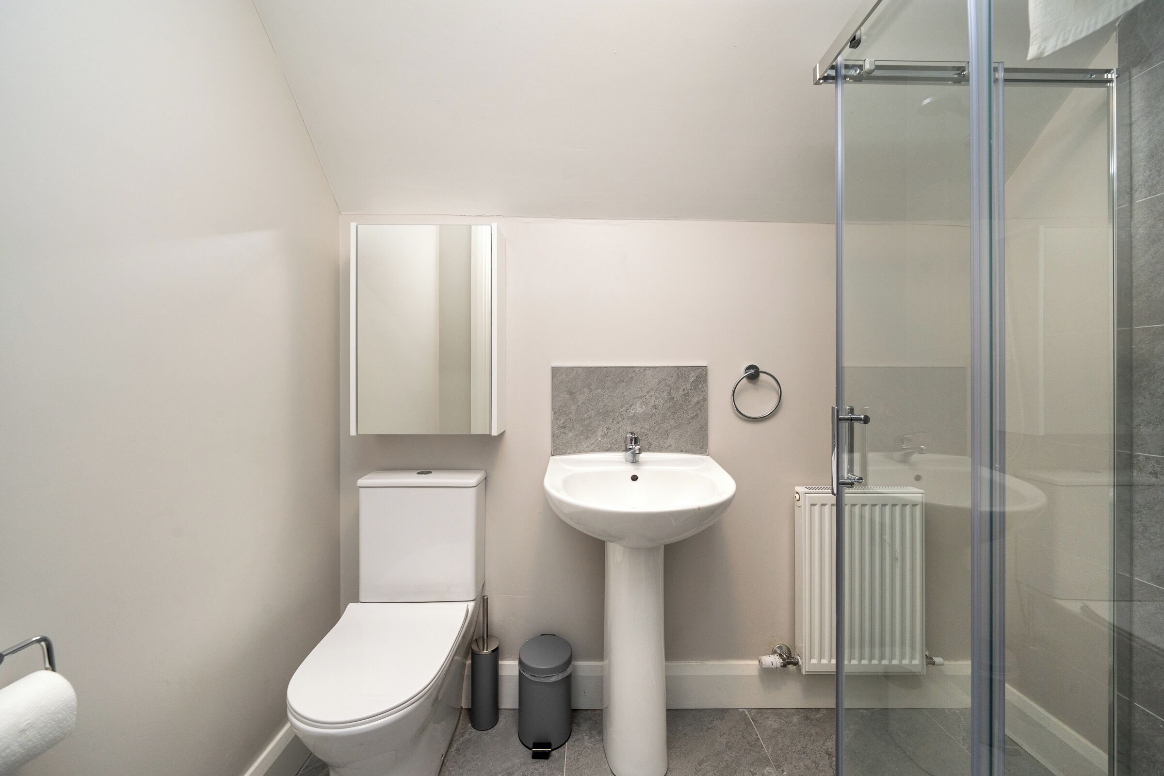 A modern bathroom with a toilet, sink, and glass shower enclosure.