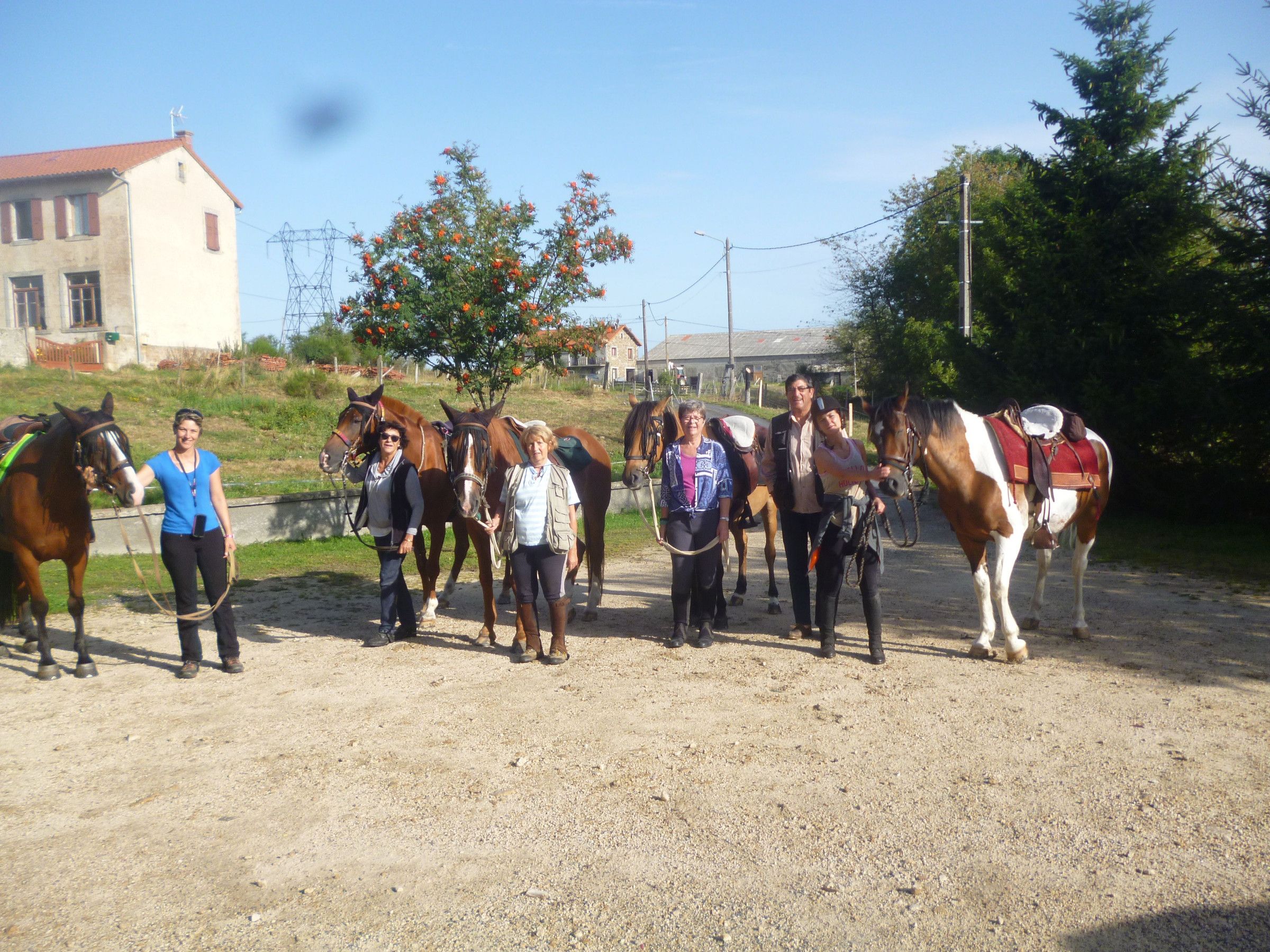 Un grupo de personas con caballos en un camino de grava.