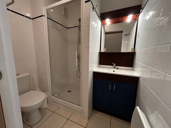 A bathroom with a toilet, a glass-enclosed shower, and a sink with a mirror above it. - Renovated T2 with heated pool near Connétable Spa, parking and WIFI (La Roche-Posay)