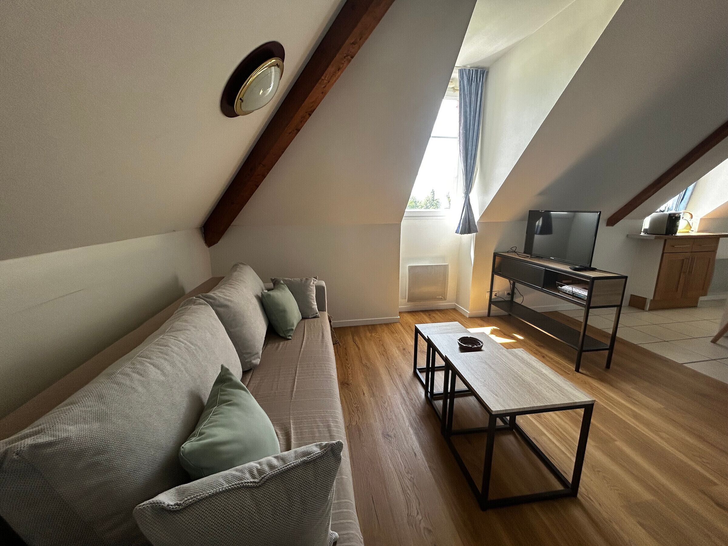 Een loft-achtige kamer met een slaapbank, een tafel, een televisie en een raam met gordijnen.