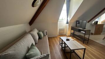 Een loft-achtige kamer met een slaapbank, een tafel, een televisie en een raam met gordijnen.