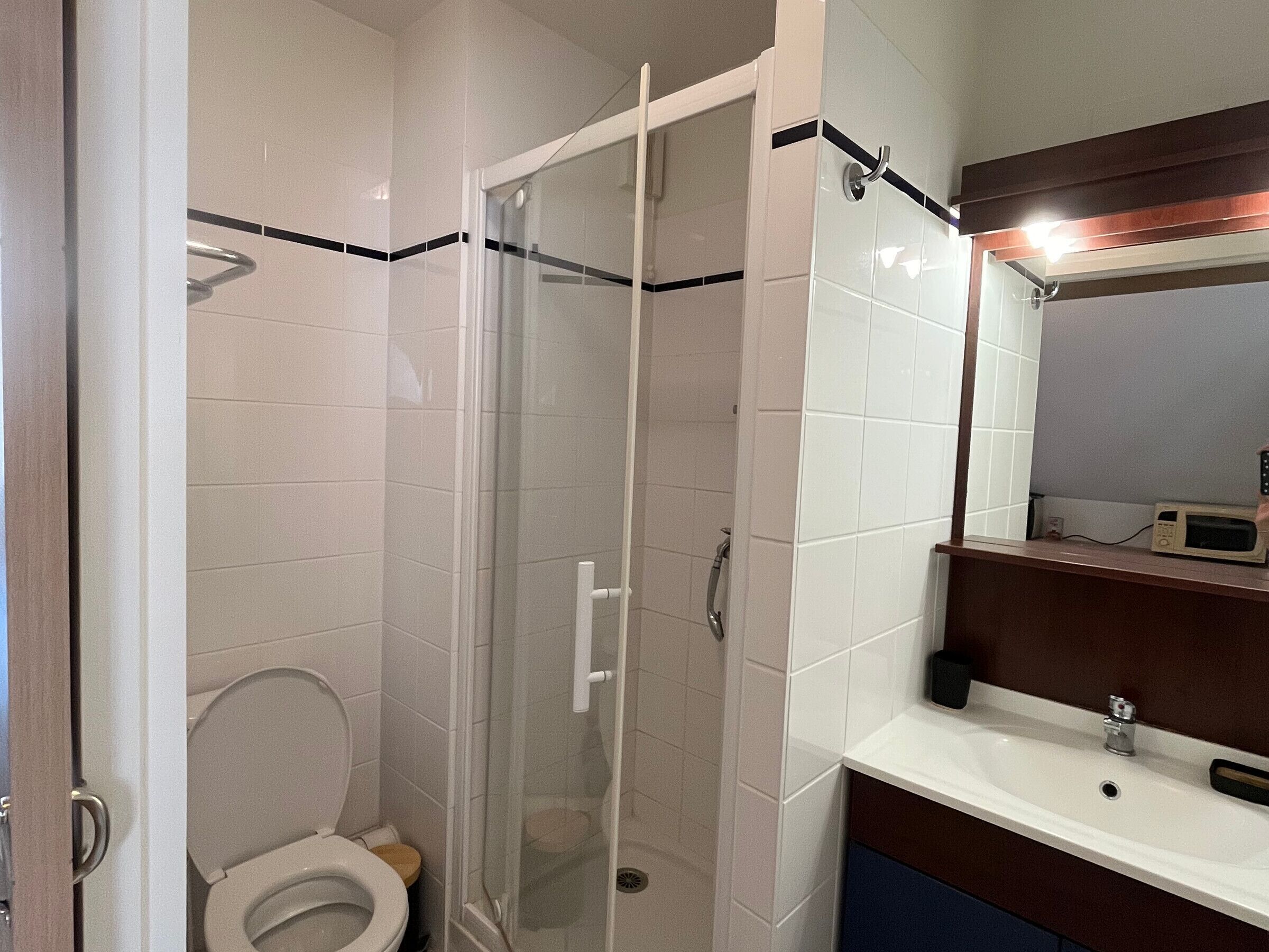 A bathroom with a glass-enclosed shower, a toilet, and a sink with a mirror above it.