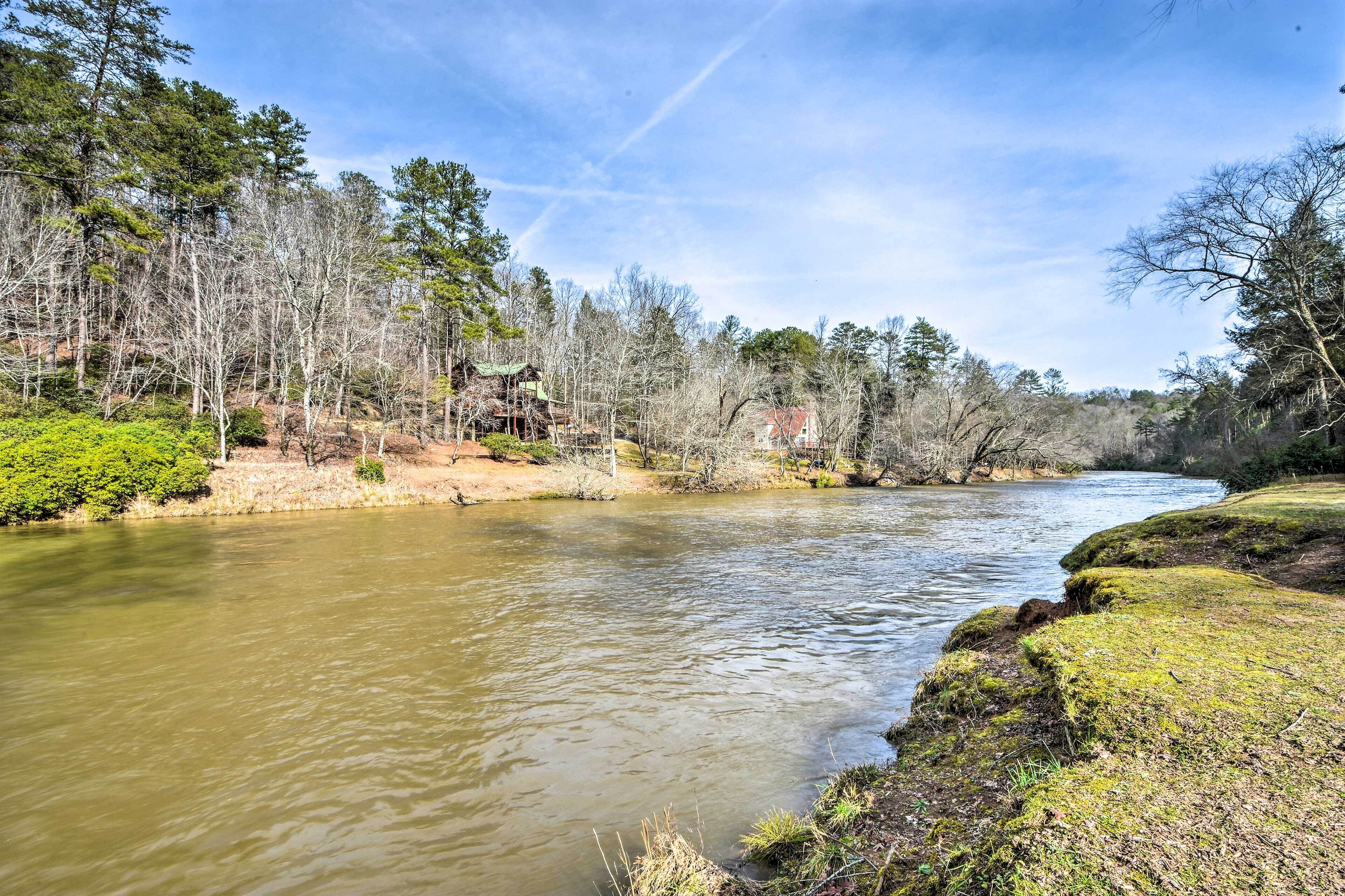 A river flowing through a forested area with a clear sky.