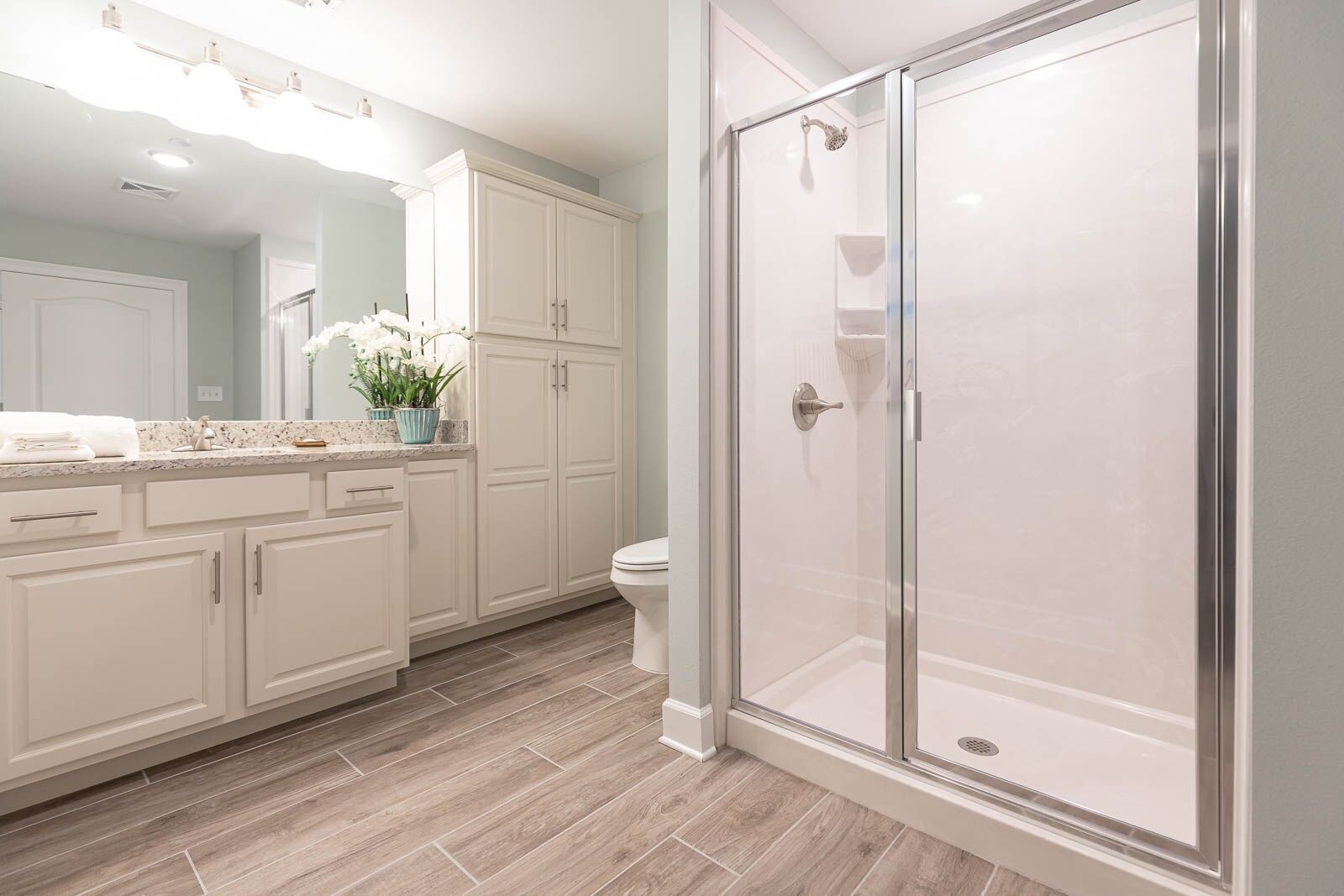 Un baño moderno con cabina de ducha, tocador con espejo y planta en maceta.