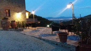Un patio al aire libre con piso de piedra, plantas en macetas y mobiliario exterior.