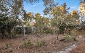 A backyard with various trees, a wooden fence, and a dirt ground covered with leaves. - Seagrove Beach - Private Pool - Pet Friendly (Santa Rosa Beach)