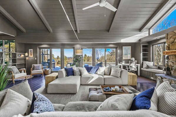 Smart TV, fireplace, books