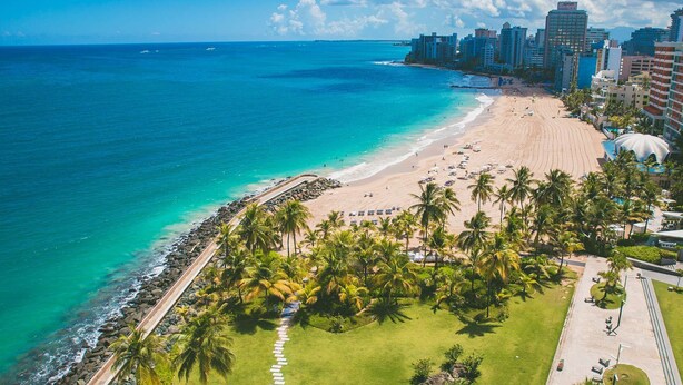 Paisagem costeira com praia, palmeiras e edifícios altos.