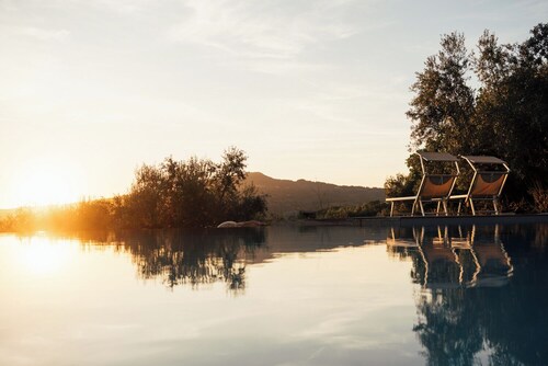 Equipped glamping tent and infinity pool in a Tuscan olive grove