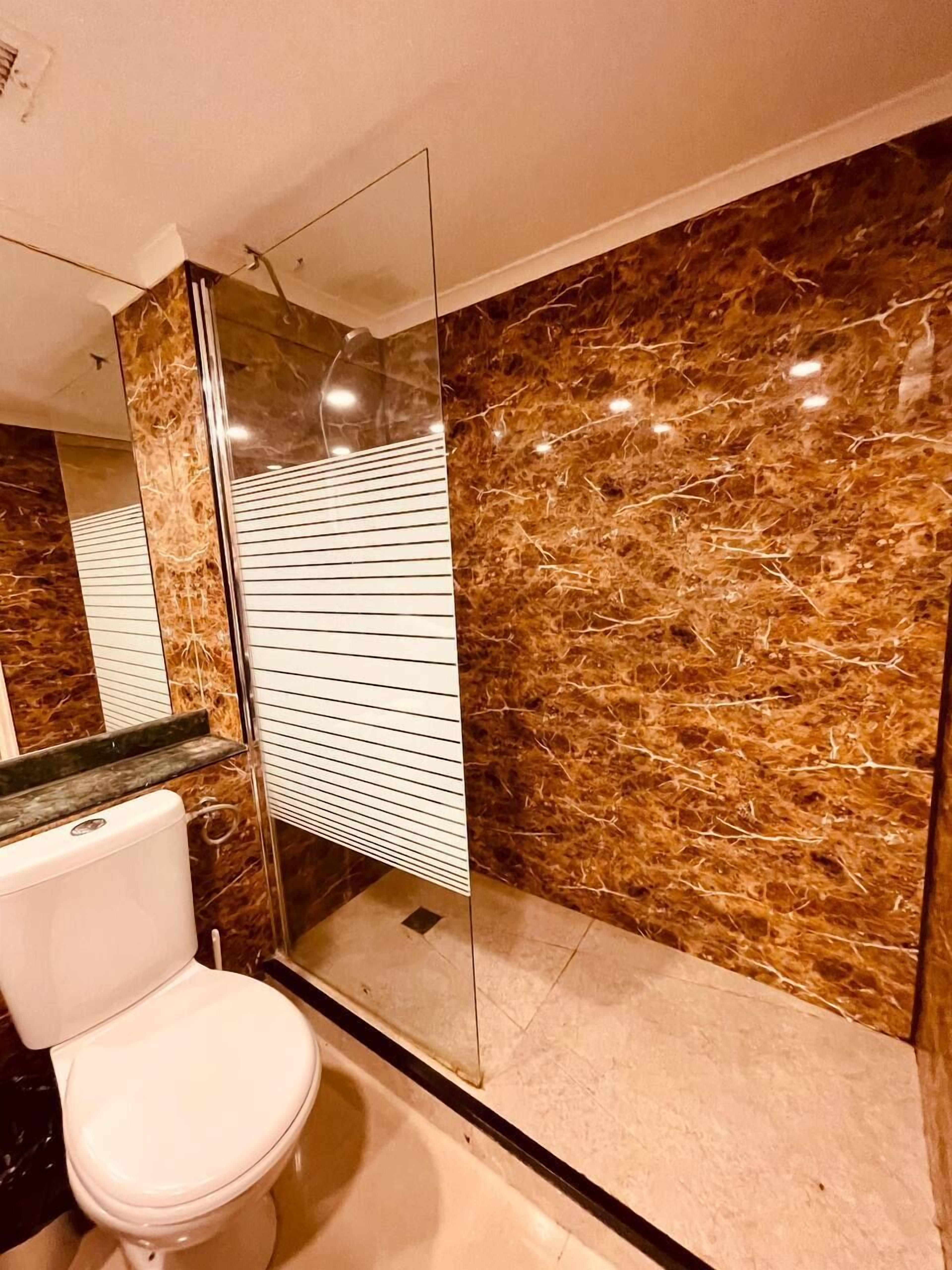 Un bagno con un water, uno specchio e una parete in marmo.