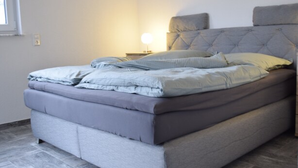 A modern bedroom with a large bed, a nightstand, and a wall-mounted lamp. - Hunsr./Reich vacation apartment in the countryside suitable for family a. fitter (Reich)