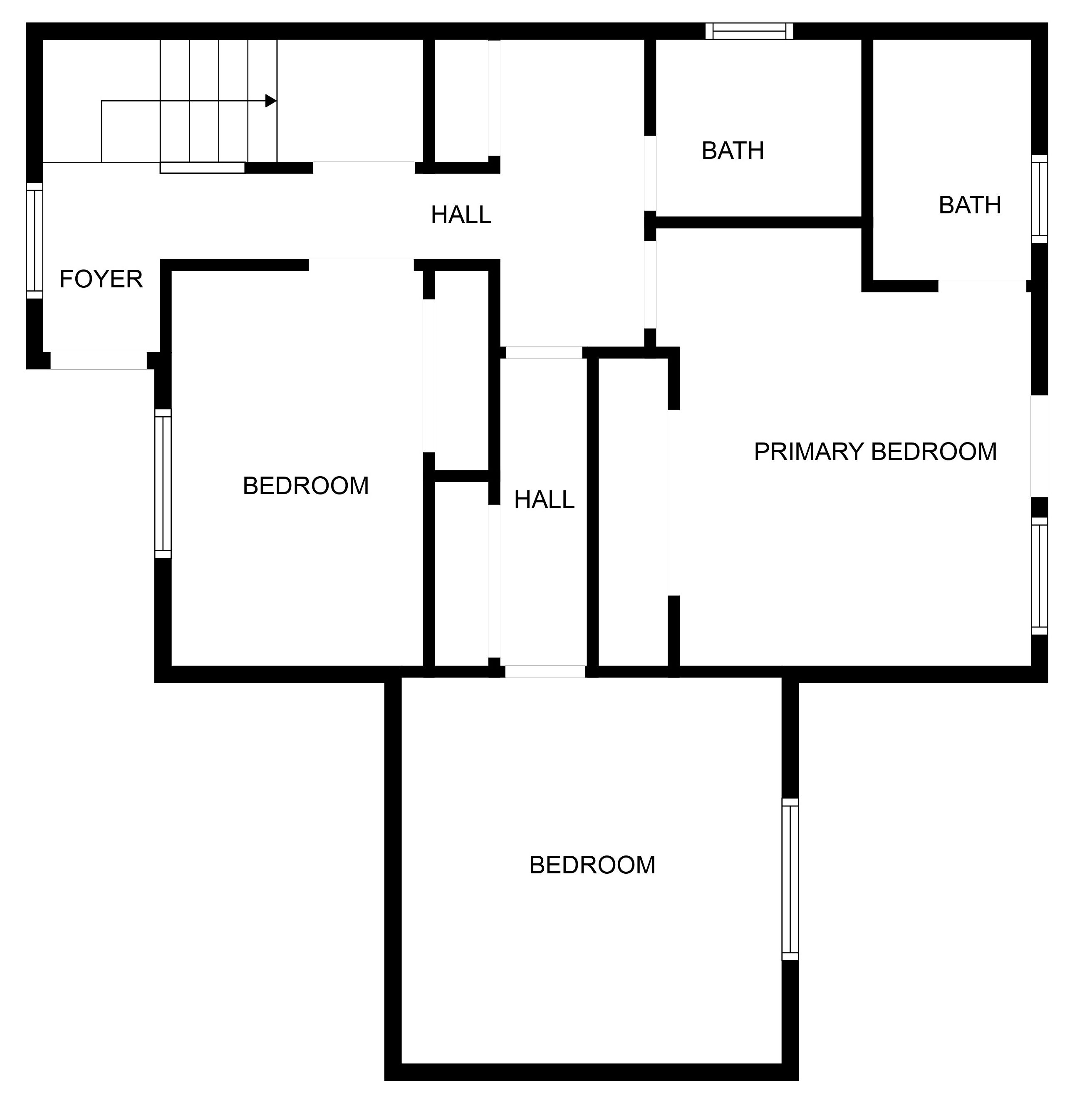 A floor plan with two bedrooms, a foyer, a hall, and two bathrooms.