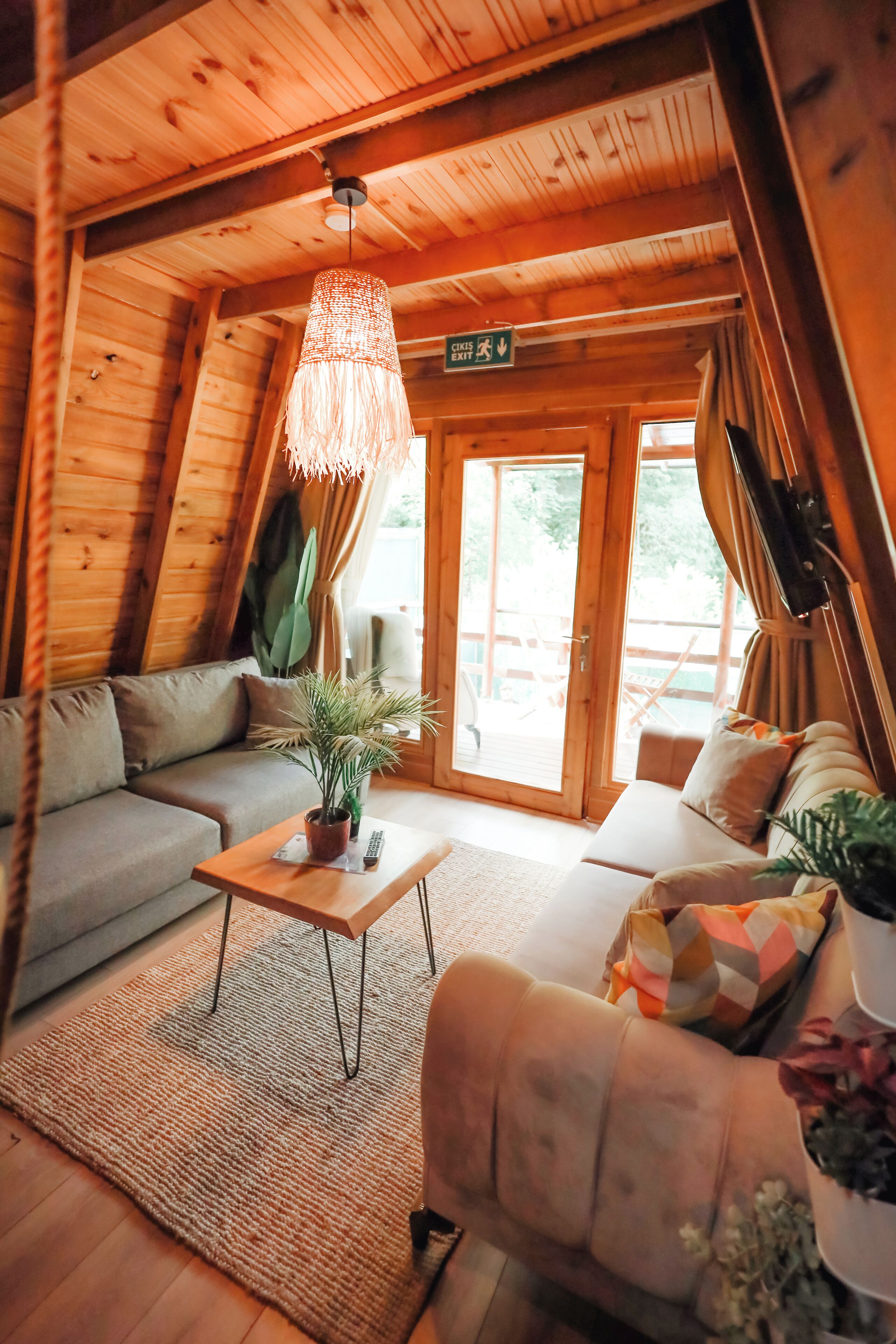 Ein gemütliches Blockhaus-Interieur mit Holzbalkendecke, einer Couch, einem Couchtisch und einem Blumentopf.