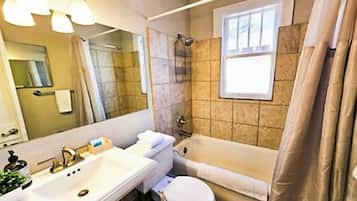 Hair dryer, towels, soap, toilet paper