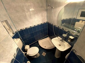 Shower, towels, soap, toilet paper