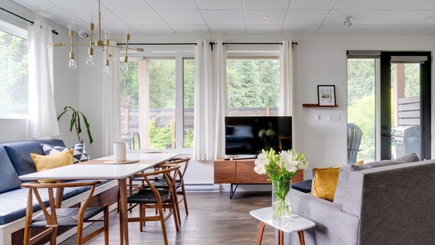 Un salon moderne comprenant un coin repas, un canapé, un téléviseur et une plante.