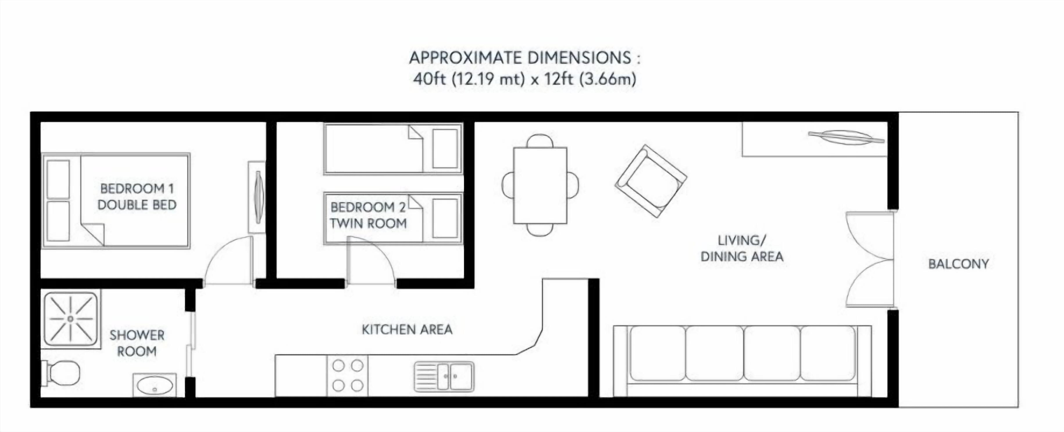 Plano de planta que muestra un dormitorio con cama doble, una habitación con camas individuales, un baño, una cocina, un comedor y un balcón.