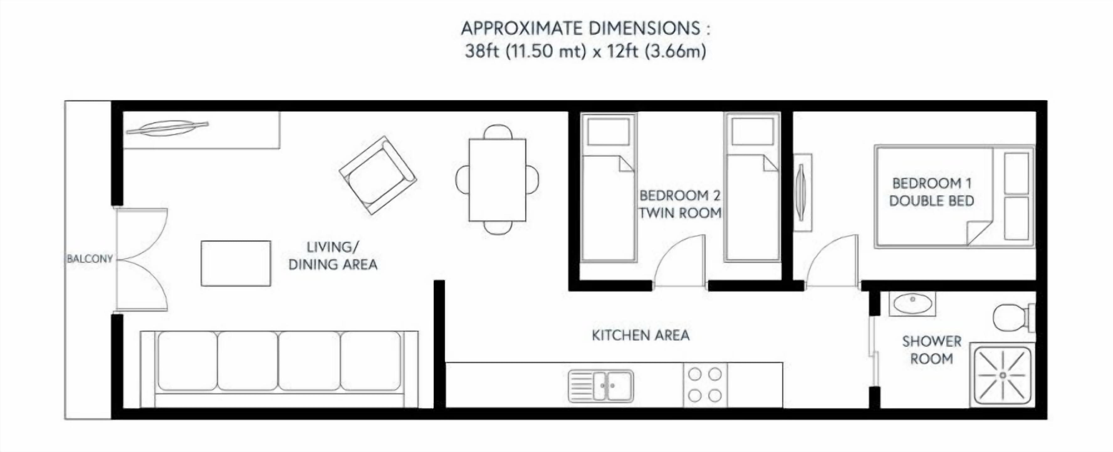 Grundriss eines Hauses mit ungefähren Abmessungen von 11,5 Metern mal 3,7 Metern. Es zeigt einen Wohn-/Essbereich, eine Küche, Schlafzimmer 1 mit Doppelbett, Schlafzimmer 2 mit zwei Einzelbetten und einen Balkon.