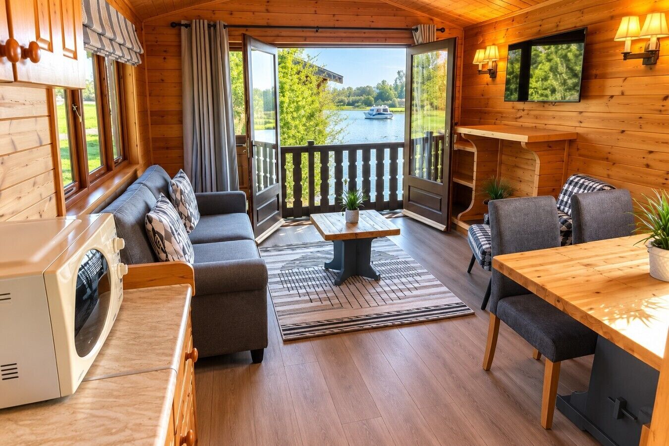 A cabin interior with a sofa, dining table, chairs, a television, and a view of a lake.