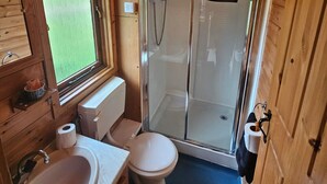 A compact wooden cabin bathroom with a toilet, sink, and glass-enclosed shower.