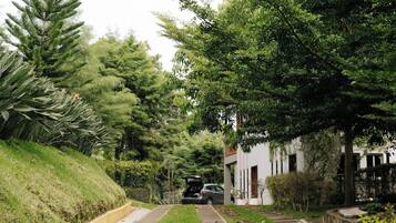 A residential driveway with a parked car, a house with a white facade, and a lush green landscape.