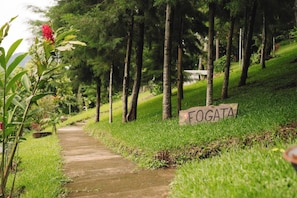 A pathway with a sign reading 'FOGATA' surrounded by greenery and trees. - La Villa de los Alas (Juayua)