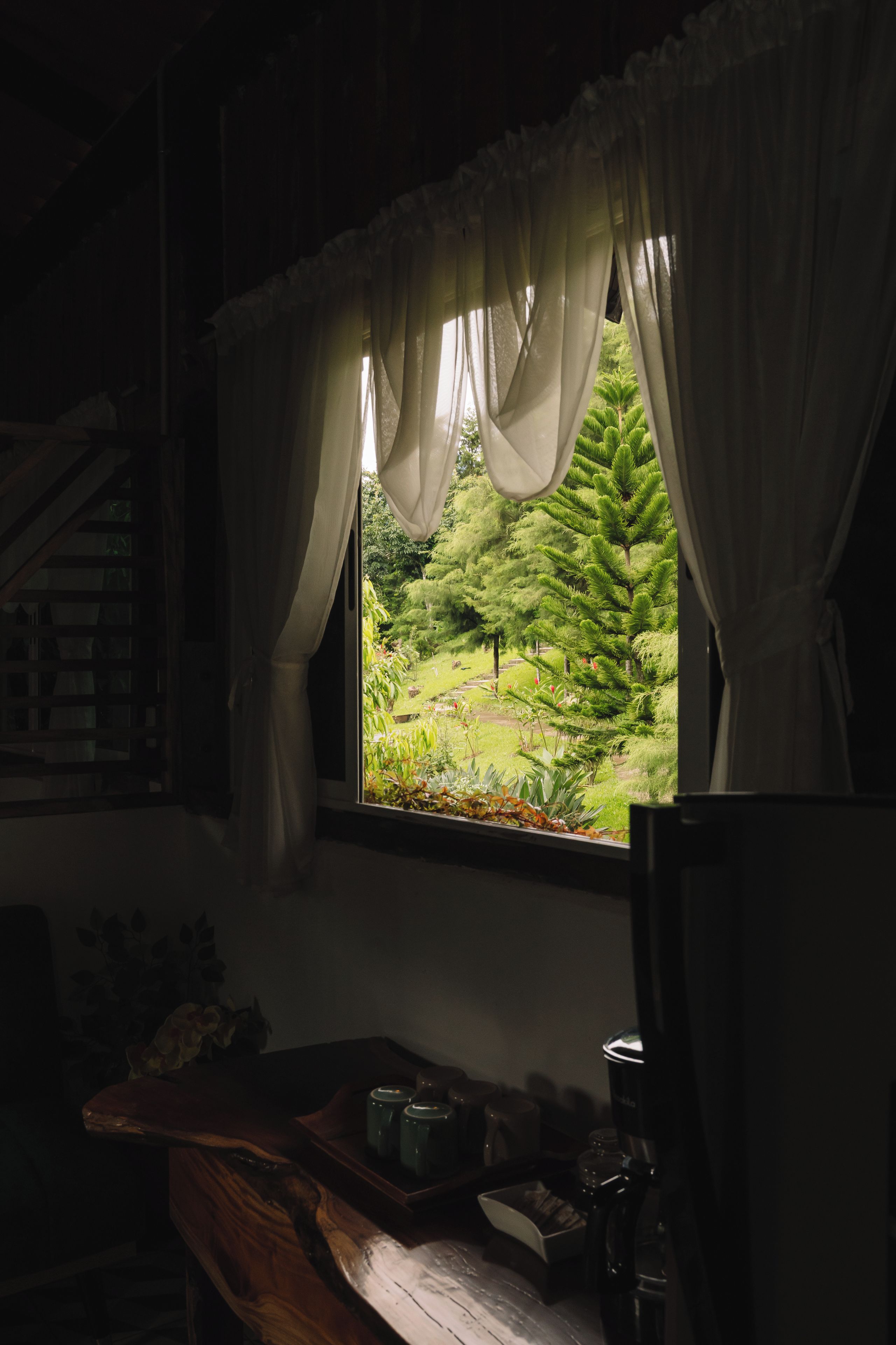 A dimly lit room with a window revealing a green landscape.