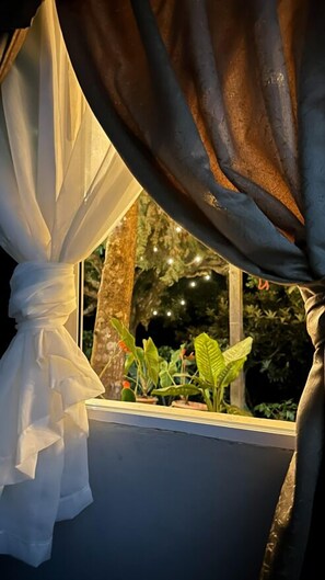 Una ventana con cortina, una planta y un árbol afuera.