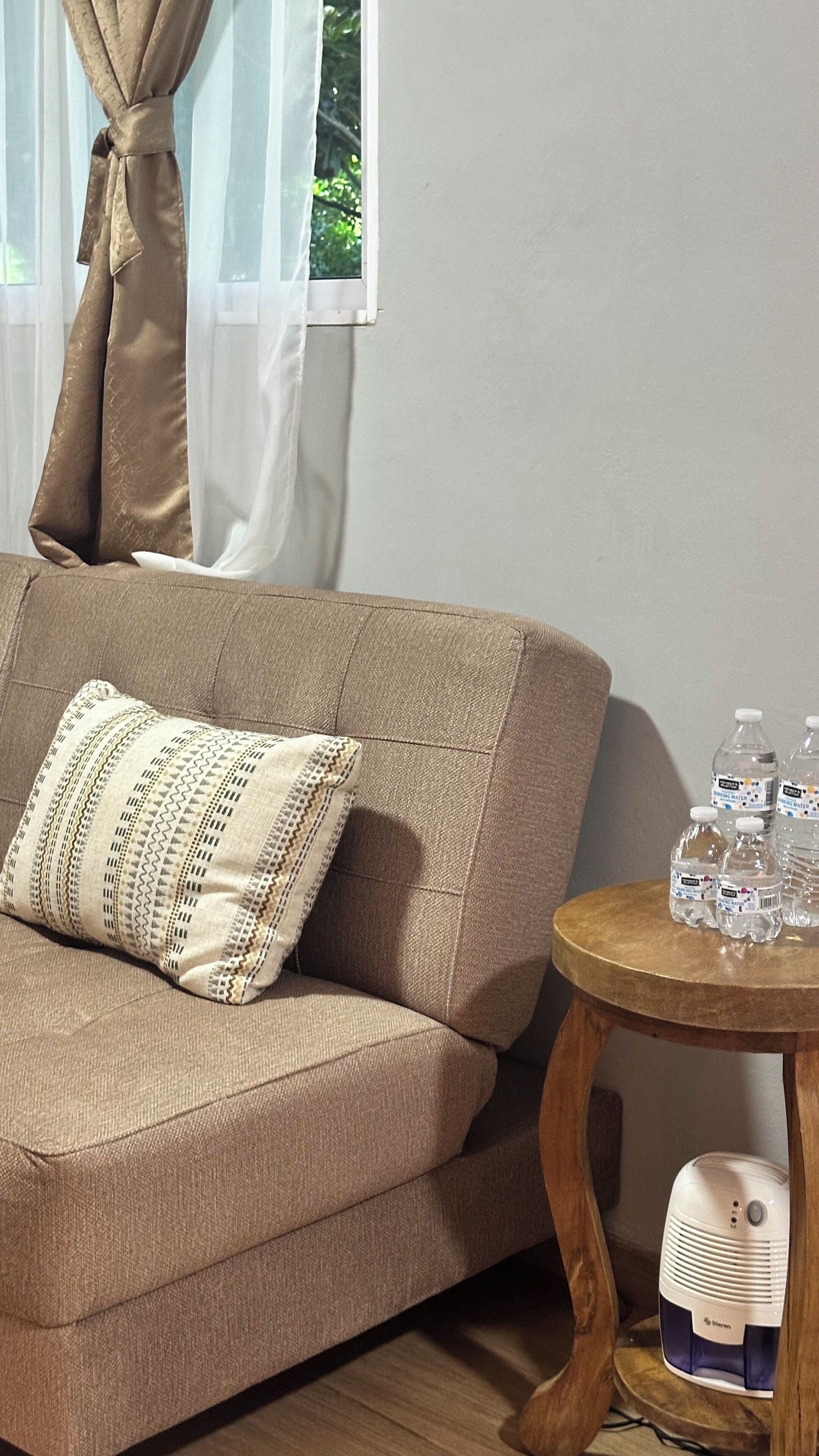 Un sofá color beige con un cojín estampado, una mesita de madera con botellas de agua y un dispositivo blanco en el suelo.