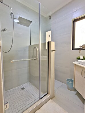 Douche, séchoir à cheveux, serviettes fournies, savon