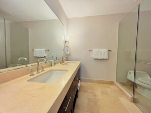 Hair dryer, towels, soap, toilet paper