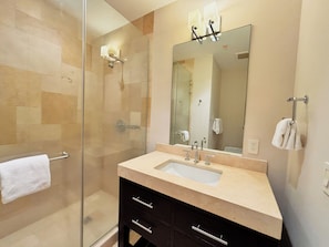 Hair dryer, towels, soap, toilet paper