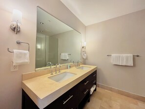 Hair dryer, towels, soap, toilet paper