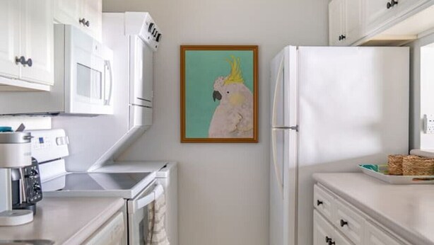 A narrow kitchen with white cabinets, a coffee machine, a refrigerator, and a painting on the wall. - 3 bedrooms 3 baths • Oceans views • Steps to beach (Kihei)